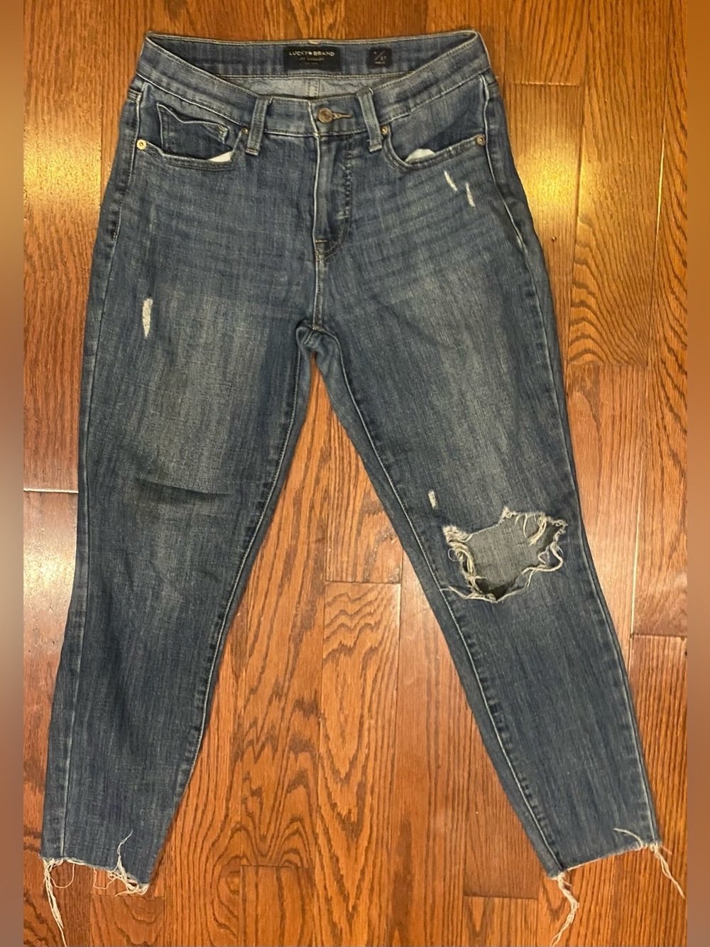 Lucky Brand Jeans Sz 4/27 Blue Distressed Ankle Midrise Skinny “Ava” Raw Hem